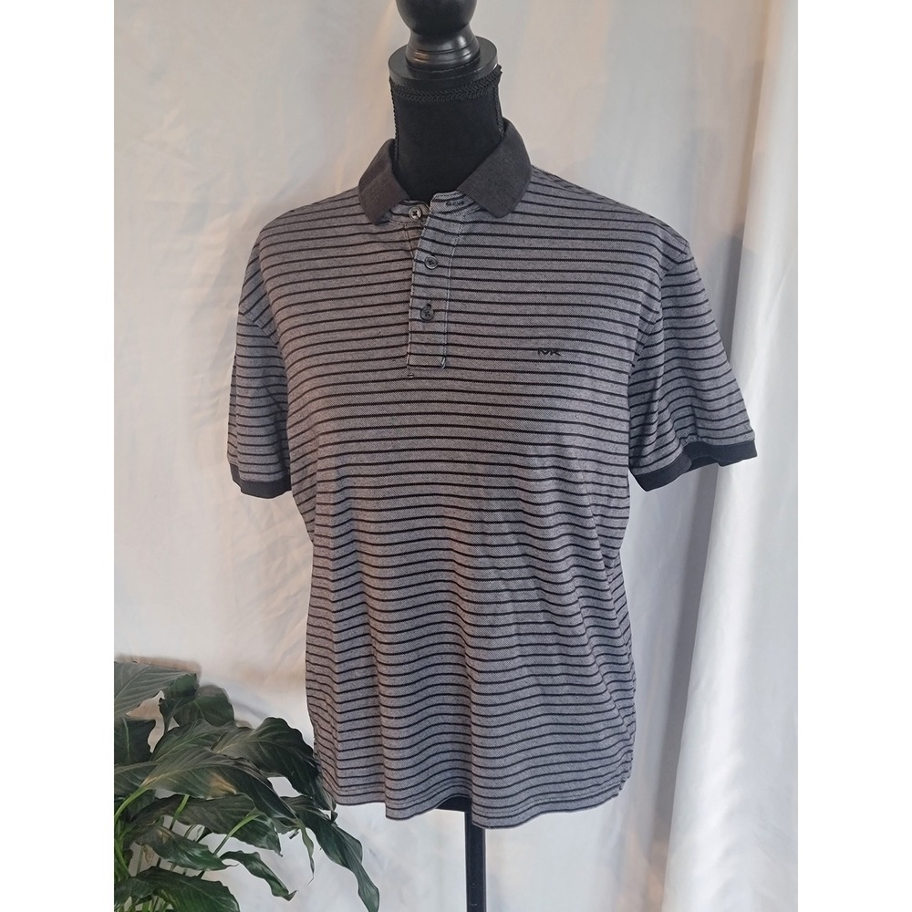 Michael Kors Mens Grey Black Striped‎ Short Sleeve Polo Shirt Size S MK Logo